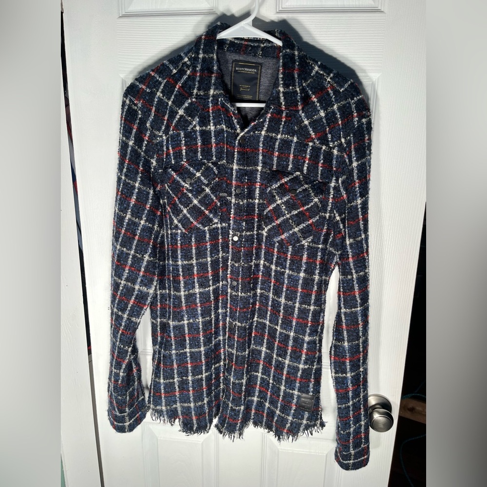 Men’s Scotch & Soda Plaid Wool Blend Snap Button Down with fringe Large L